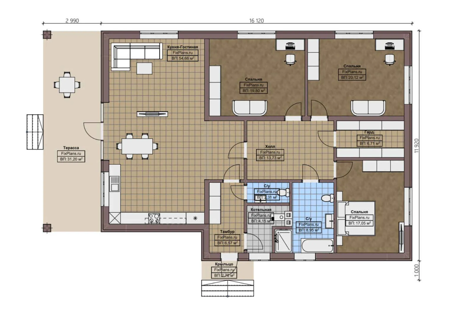 F-1682 - План одноэтажного дома 12 на 17, площадью 190 м² с террасой и 3 спальнями