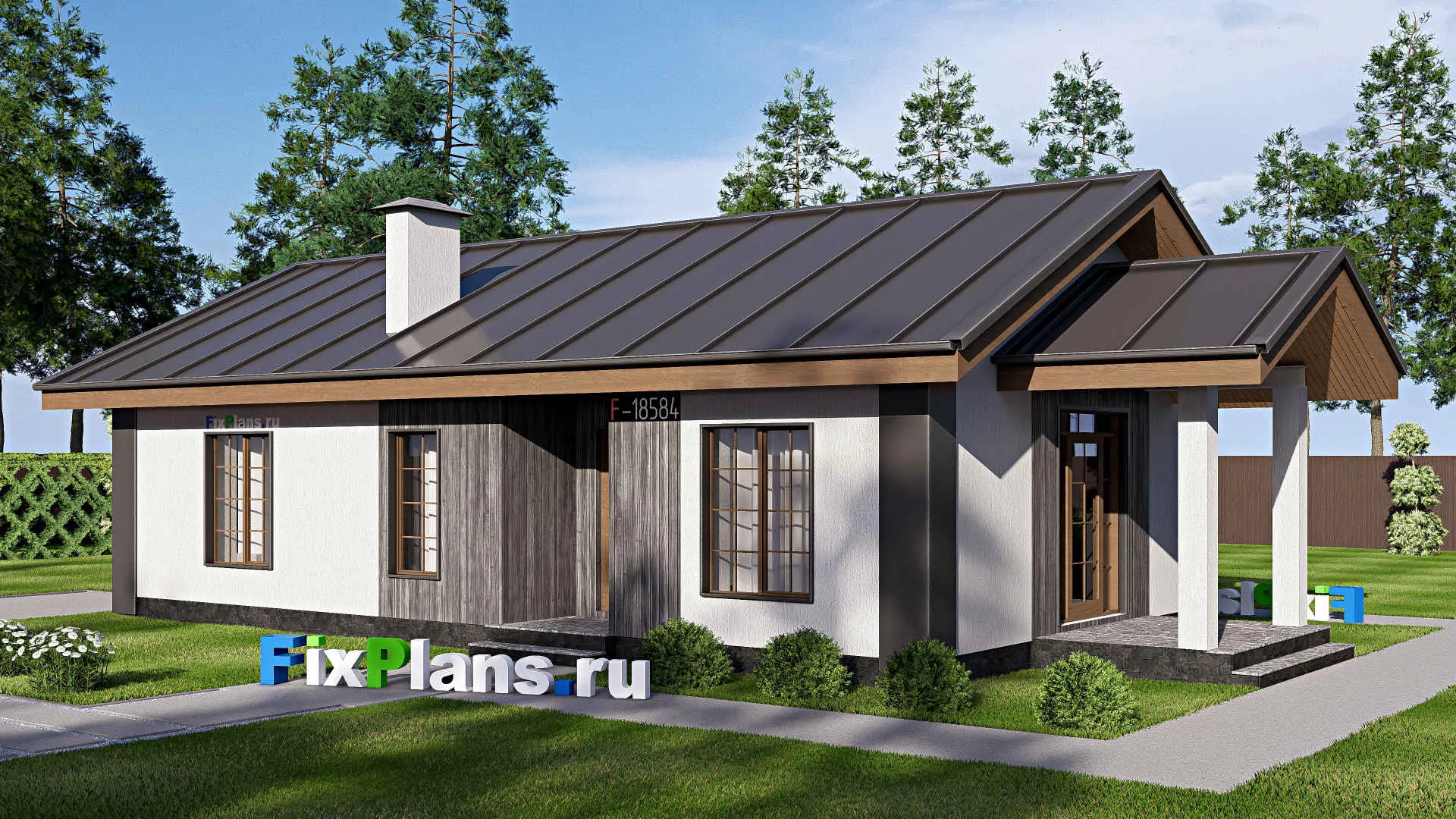 F-18584 - Проект одноэтажного дома 8 на 16, площадью 90 м² с террасой и 2 спальнями