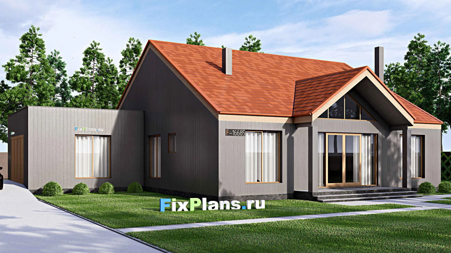 F-16685 - Проект одноэтажного дома 19 на 21, площадью 260 м² с террасой, гаражом на 2 машины и 3 спальнями