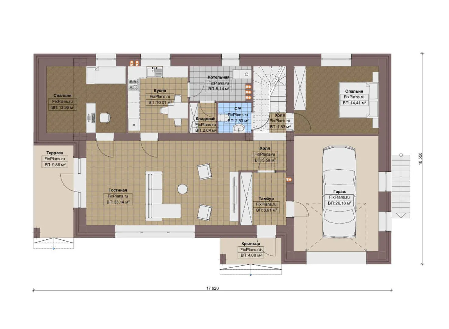 F-19664 - Планы дома с мансардой 11 на 18, площадью 250 м² с террасой, гаражом на 1 машину и 5 спальнями