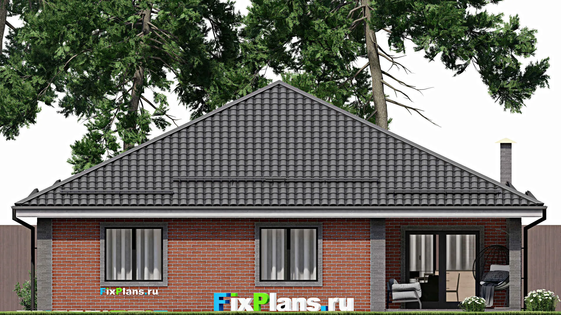 F-4013 - Проект одноэтажного дома 13 на 17, площадью 150 м² с террасой, гаражом на 1 машину и 3 спальнями