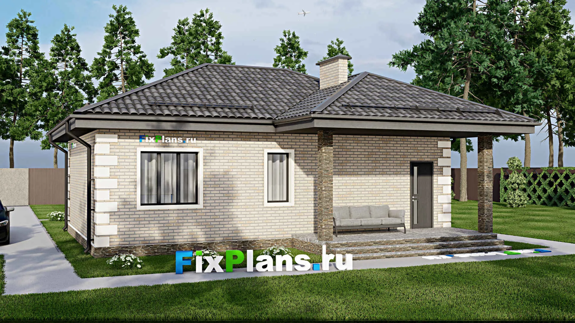 F-5768 - План одноэтажного дома 9 на 12, площадью 80 м² с террасой и 2 спальнями