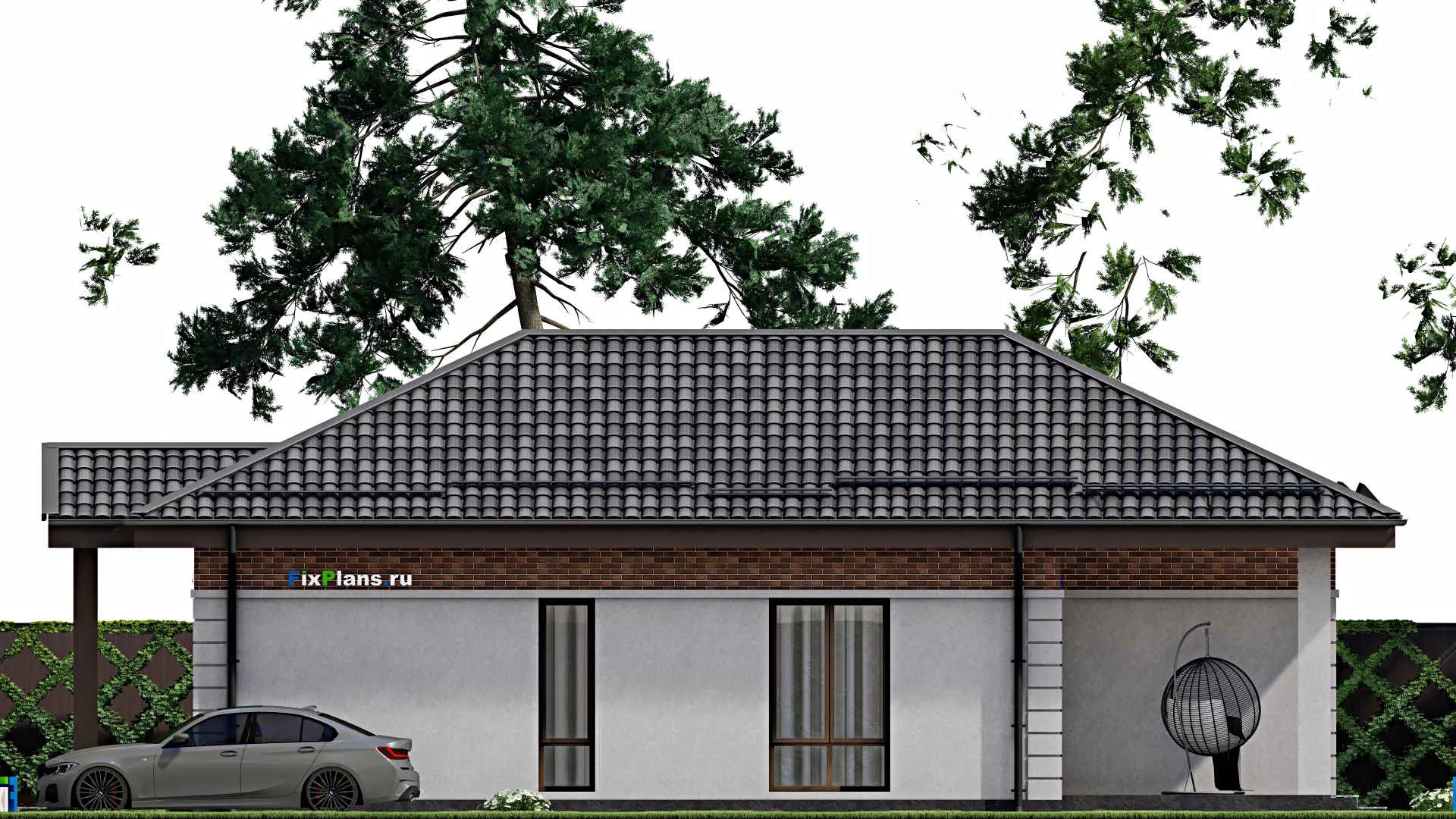 F-7388 - Проект одноэтажного дома 9 на 15, площадью 100 м² с террасой и 2 спальнями