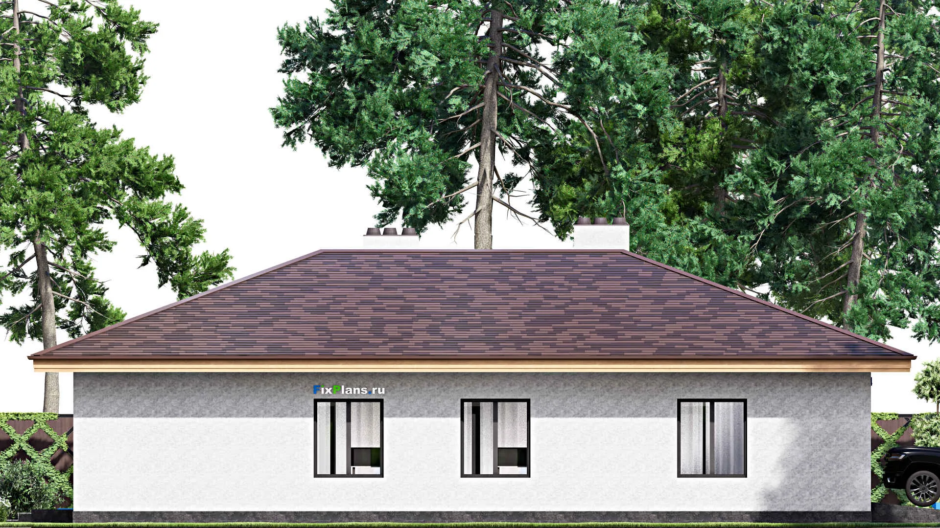 F-15902 - План одноэтажного дома 19 на 19, площадью 250 м² с террасой, гаражом на 1 машину и 3 спальнями
