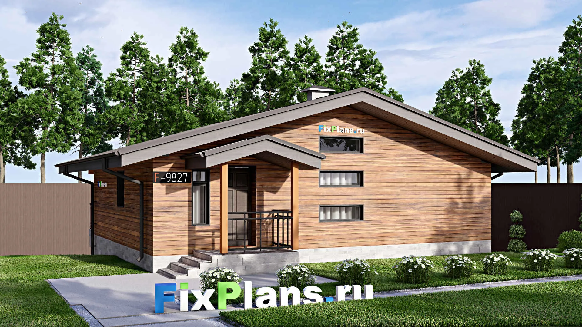 F-9827 - Проект одноэтажного дома 12 на 12, площадью 190 м² с террасой, цокольным этажом, баней, спортзалом и 1 спальнями