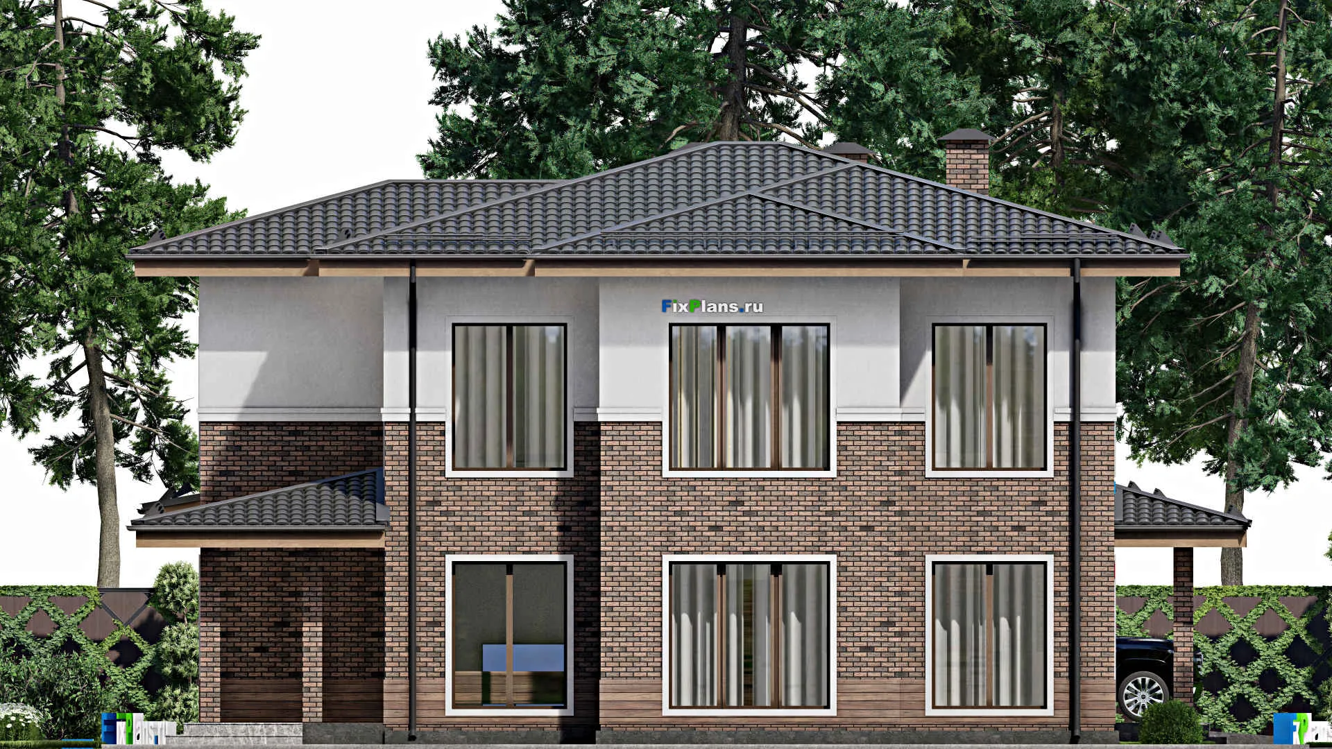 F-10205 - Проект двухэтажного дома 16 на 18, площадью 250 м² с террасой, баней, гаражом на 2 машины и 4 спальнями