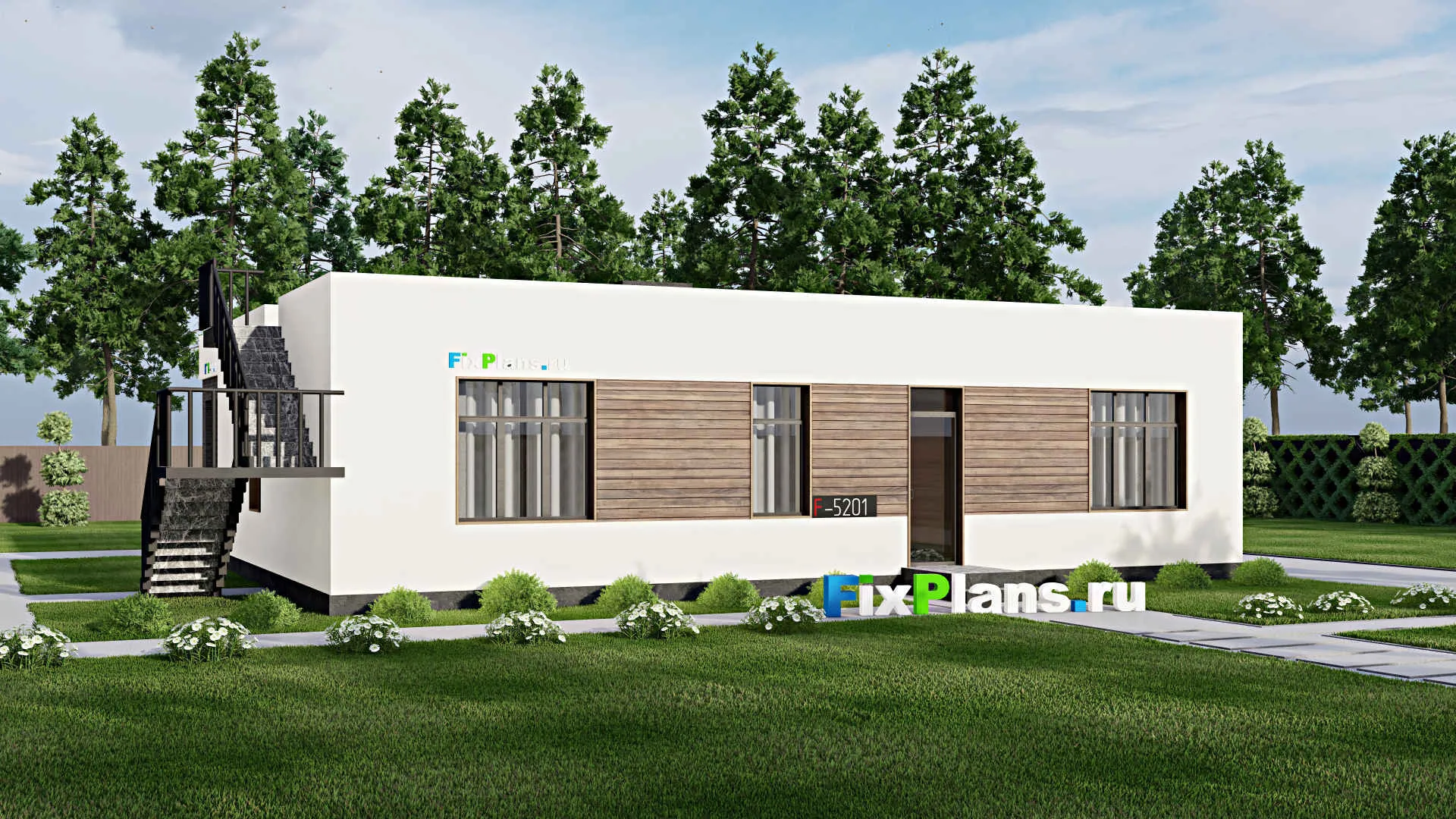 F-5201 - Проект одноэтажного дома 14 на 14, площадью 150 м² с террасой и 3 спальнями