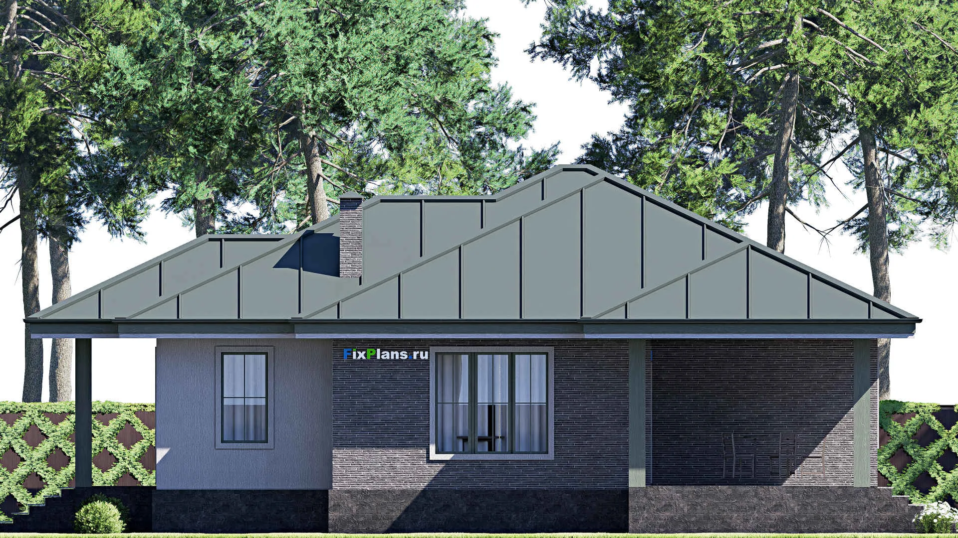 F-20771 - Проект одноэтажного дома 13 на 15, площадью 120 м² с террасой и 3 спальнями